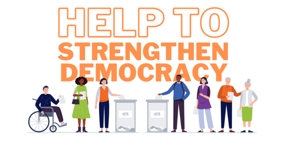 Illustration features a diverse group of people dropping off ballots in a box that says vote.