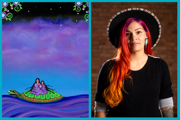 Two images side by side surrounded by a dark aqua border. On the left, a painting of a mother and daughter on the back of a green turtle. They are on purple waves and the sky behind them is blue, purple, and black. There are ornamental flowers in the upper corners. On the right is a photo of the artist, Michelle Defoe. She is wearing a black hat and black shirt and has orange and pink hair. She looks directly at the camera.