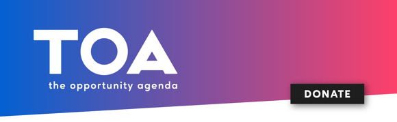 A white TOA logo with a blue-red gradient background and black donate button.