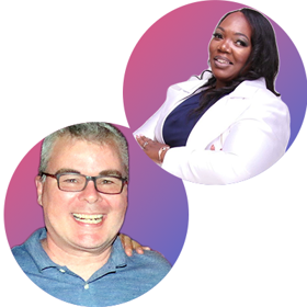 Headshots of Jamela Irvin wearing a navy blue dress with white blazer and another headshot of Patrick Braddick wearing rimmed glasses and a blue polo. 