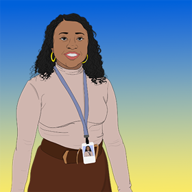 Illustrated image of Quinta Brunson's character, Janine Teagues, from the ABC network sitcom Abbott Elementary