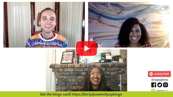 Screenshot featuring Porshea Patterson-Hurst, Aya de Leon, and Joey Clift laughing during the livestream of Abbott Elementary Bingo Night.