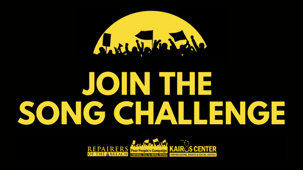 Silhouettes of people march into a yellow sun in a graphic with a black background and yellow text that says, "Join the Song Challenge."."