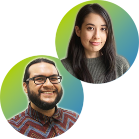 Headshots of Chrystian Rodriguez and Jade Rodriguez sit within circular frames with a green to blue gradient background.