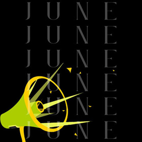 Megaphone blasts sound with June written on a black background.