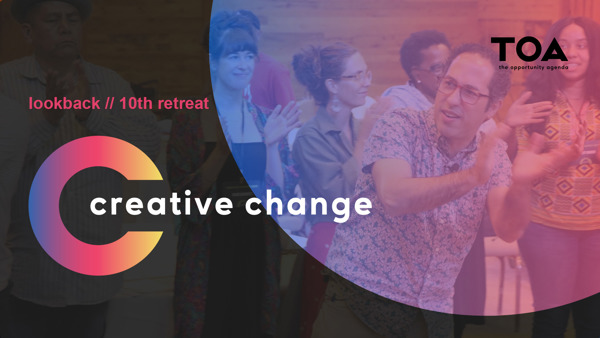 A group of people clapping overlayed with a red/blue gradient and dark gray overlay with the Creative Change logo.