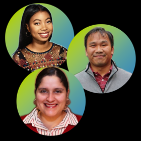 Headshots of Istou Diallo, David Kwang, and Haydee Villanueva in circular frames set against and black backdrop