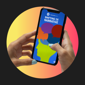 Hands hold a cell phone with the Shifting the Narrative podcast cover image.