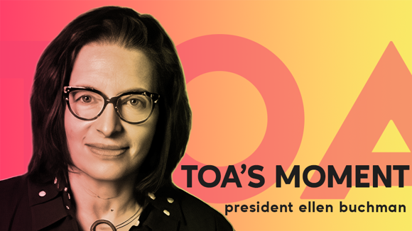 Ellen Buchman's headshot with a red-yellow gradient background and "TOA's Moment: President Ellen Buchman"