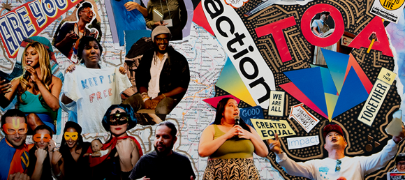 Segment of a collage features people with words of magazines and TOA written in pink.