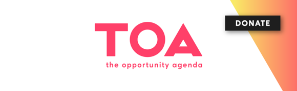 A white TOA logo with a blue-red gradient background and black donate button.