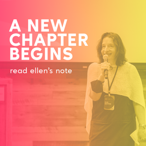 Ellen Buchman speaks at an event. White text says "A New Chapter Begins: read Ellen's note"