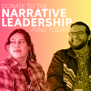 Sol & Chrystian watch a presentation. Text says "Donate to the Narrative Leadership Fund today!"