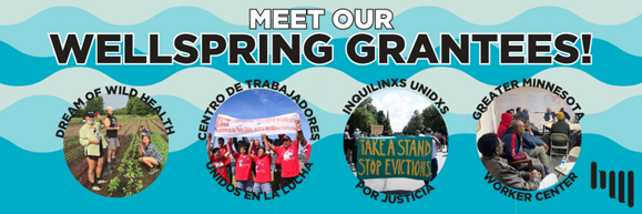 Graphic with multiple blue wave forms in the back, text that reads: "Meet our Wellspring Grantees!" and four circular photos of the four grantee organizations.