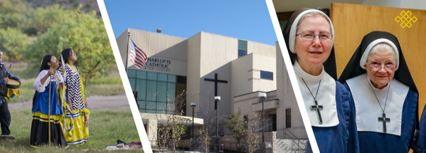 Image showing Apaches, Catholic School building, and two nuns smiling