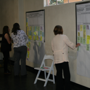 Isabella Project members add sticky notes to a brainstorming wall