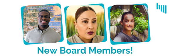 White graphic with text "New Board Members!" and photos of 3 of HFJ's newest board members