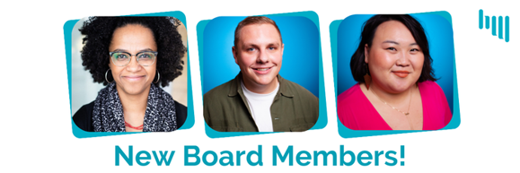 Three smiling faces with blue frames, text below reads "New Board Members!"