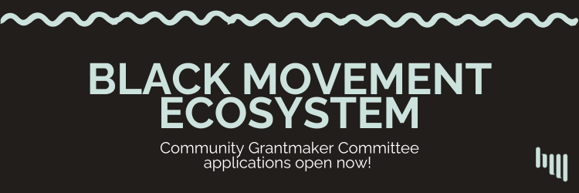 Black header graphic with light blue squiggle. Text reads "Black Movement Ecosystem Community Grantmaker Committee applications open now!"