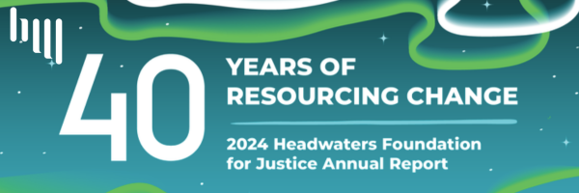 A blue-green night sky with faint stars and green and white auroras with the words "40 Years of Resourcing Change: 2024 Headwaters Foundation for Justice Annual Report" overlaid. There is a white Headwaters logo in the upper left corner